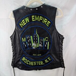 Mens Unik Leather Motorcycle Vest W/ New Empire MC Patches. Zip Up/lace up sides